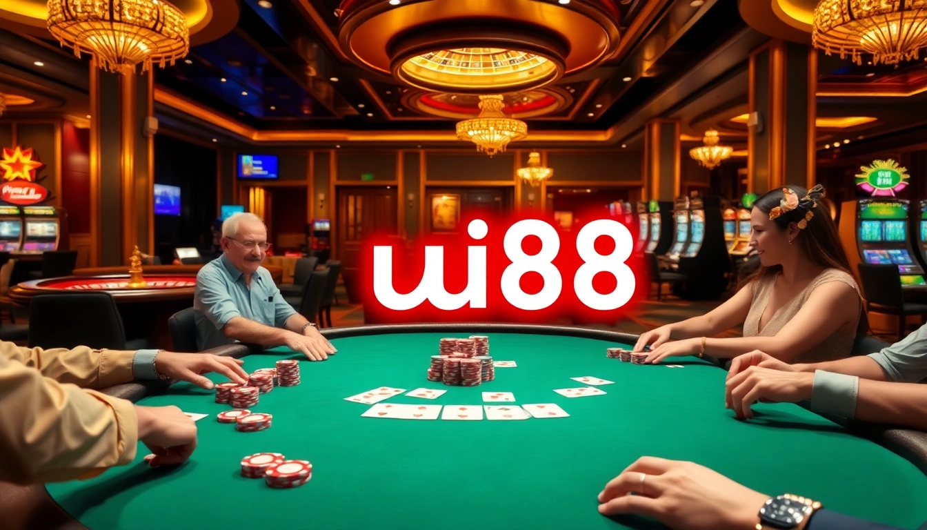 Players at a sophisticated casino table with poker chips, showcasing uu88 excitement in gambling.
