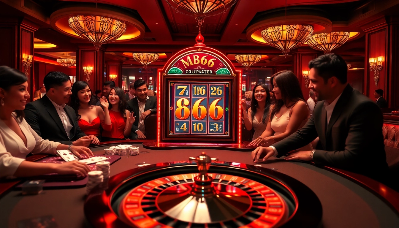 Experience the thrill at MB66 with players enjoying a vibrant casino scene filled with excitement and opportunity.