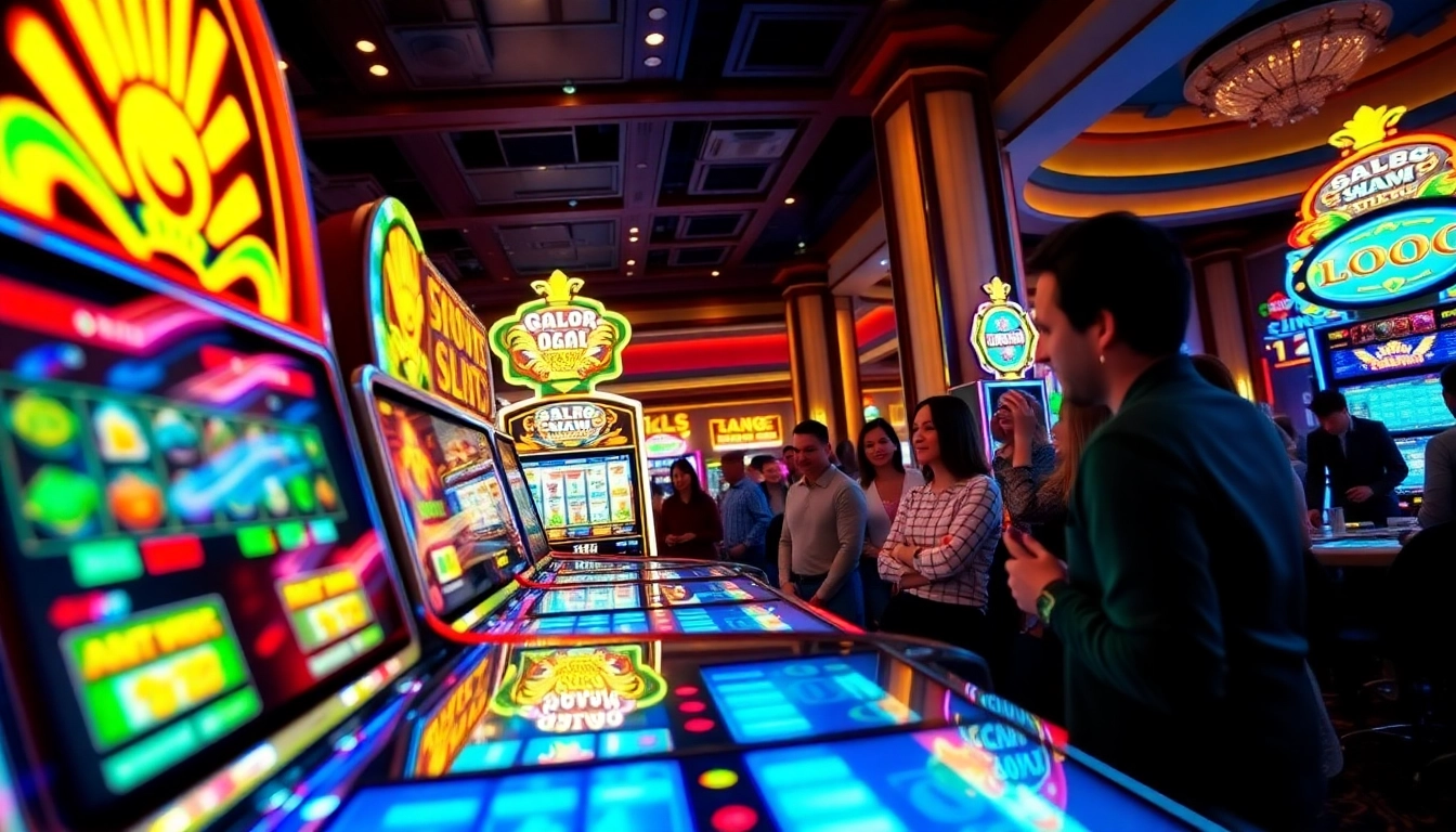 Exciting scene of players enjoying doaslot slot machines in a vibrant casino.