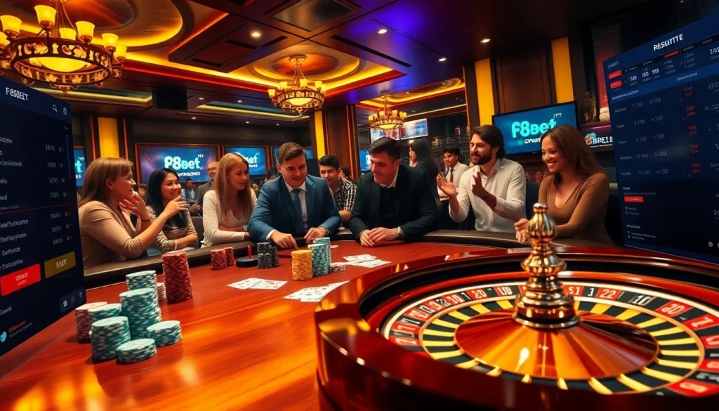 Experience a thrilling game at F8Bet's luxurious poker table, featuring vibrant colors and excitement.
