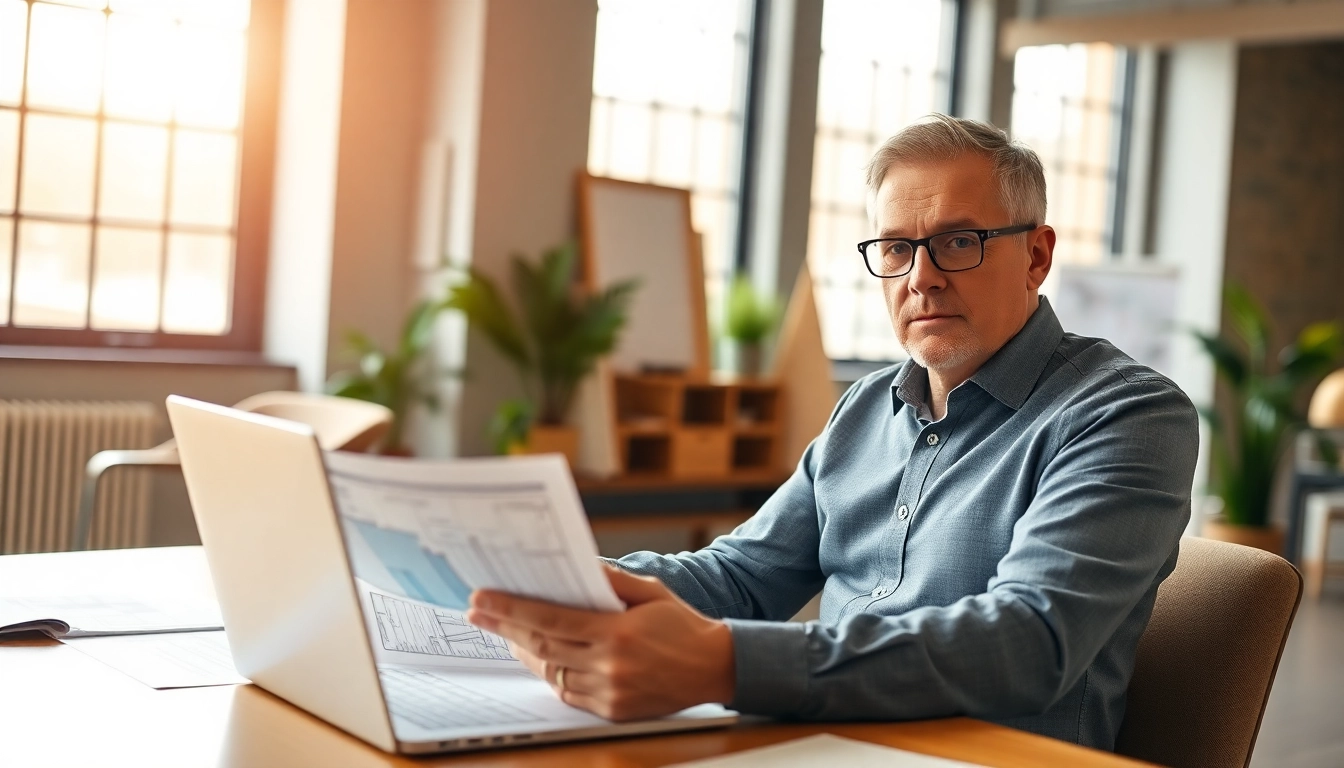 Księgowość dla firmy budowlanej prezentowana w profesjonalnym biurze, księgowy przegląda niezbędne dokumenty.