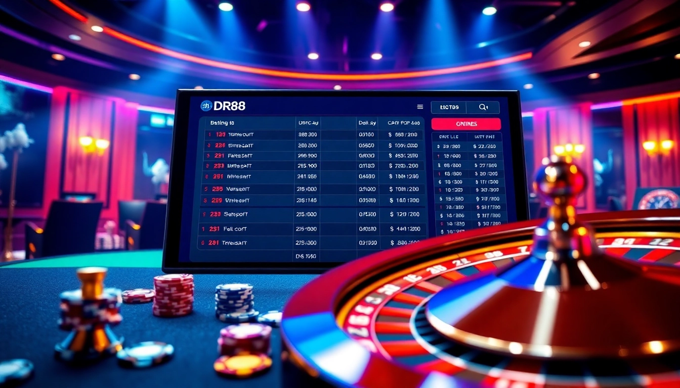 Engaging online casino atmosphere featuring DR88 betting options with roulette and poker chips.