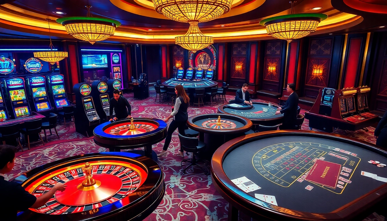 KJC gaming tables featuring roulette wheels and blackjack action amidst an upscale casino ambiance.