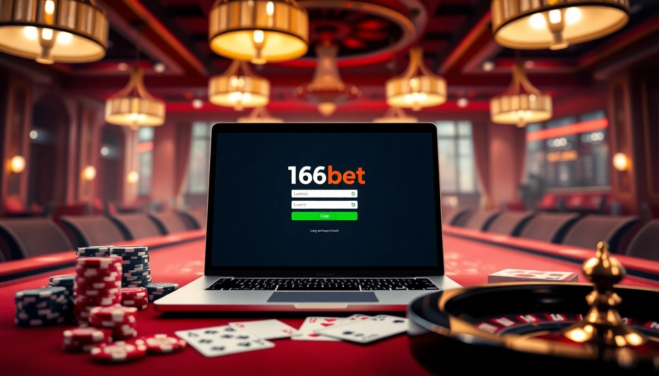 Experience the excitement of gambling with 166bet Login on a luxurious casino-themed laptop setup.