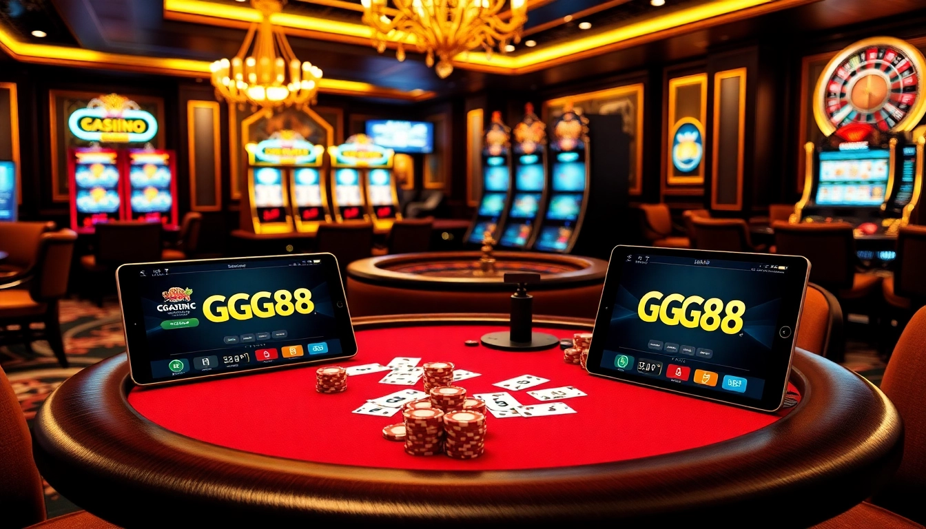 GG88 online gambling experience with vibrant casino elements like poker chips and slot machines.