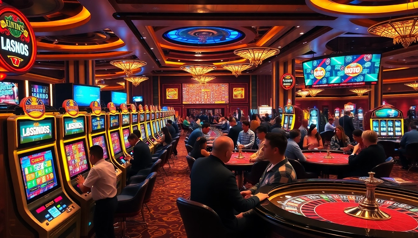 Engaging scene of 슬롯커뮤니티 at a vibrant casino, featuring lively players at slot machines.