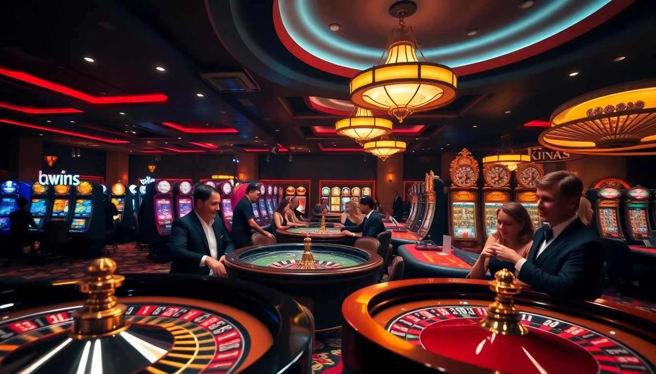 Iwin casino gaming scene featuring players engaged at a roulette table illuminated by warm lighting.