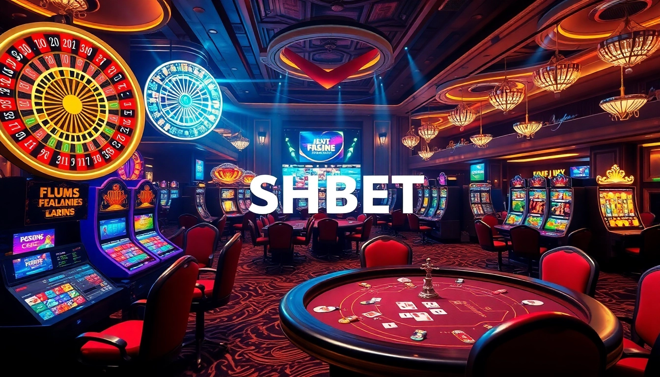 Players engage in a thrilling gaming experience at SHBET's luxurious casino with roulette and poker tables.
