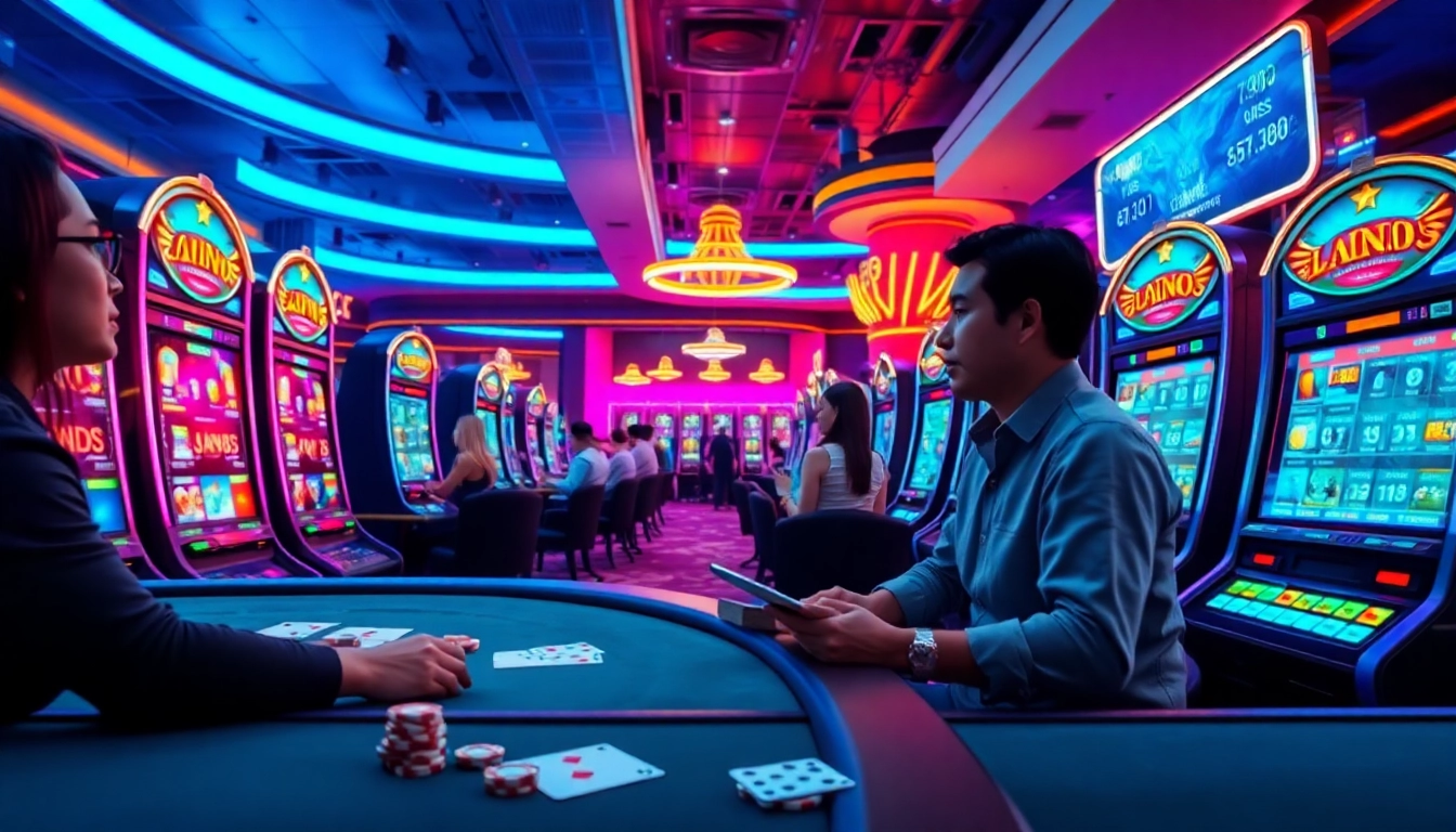 Experience vibrant gaming atmosphere with LC88 Com, featuring players, casino games, and digital betting interfaces.