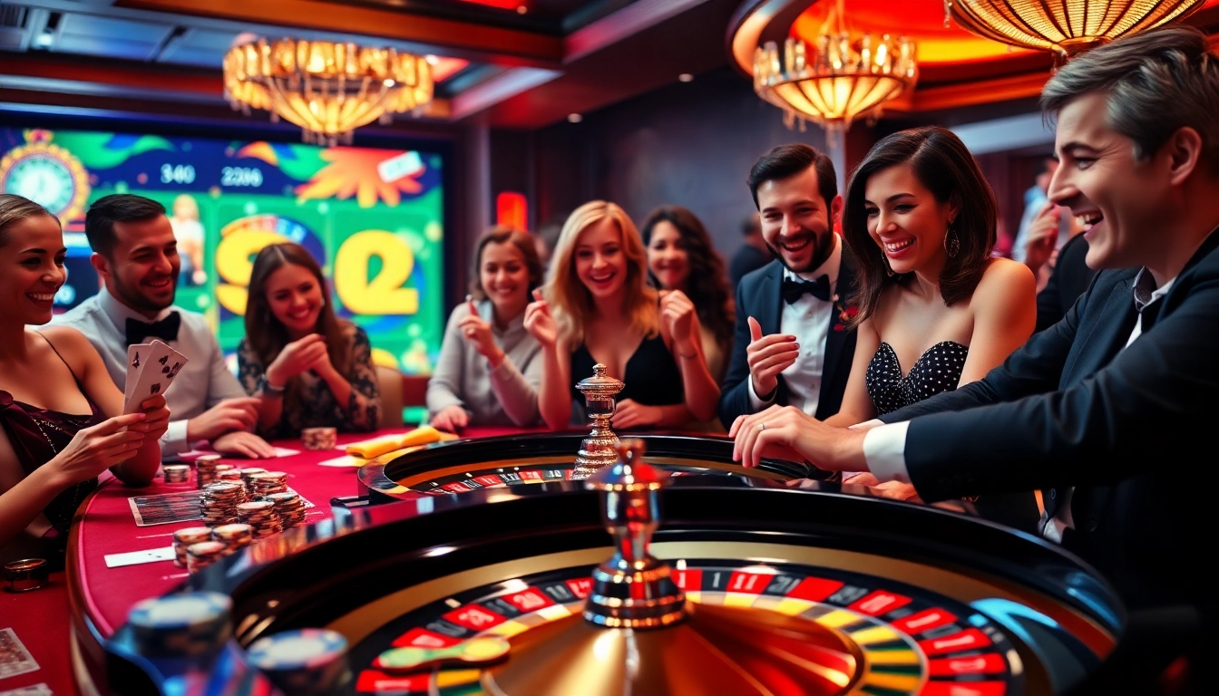 Gamblers enjoying a thrilling game, striving for a big 98 win at a luxurious casino table.