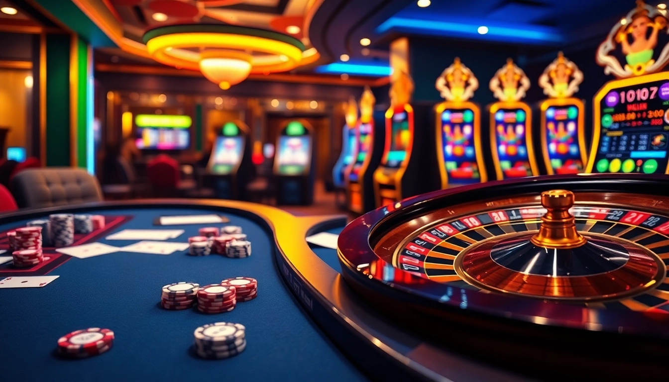 Exciting online gambling scene at nhà cái sv66 featuring poker chips, roulette wheel, and slot machines