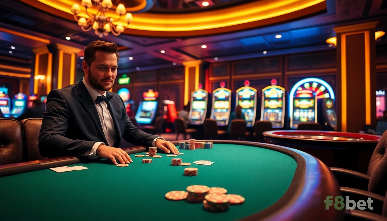 Players enjoy poker games at F8bet's premium online casino with vibrant chips and cards.