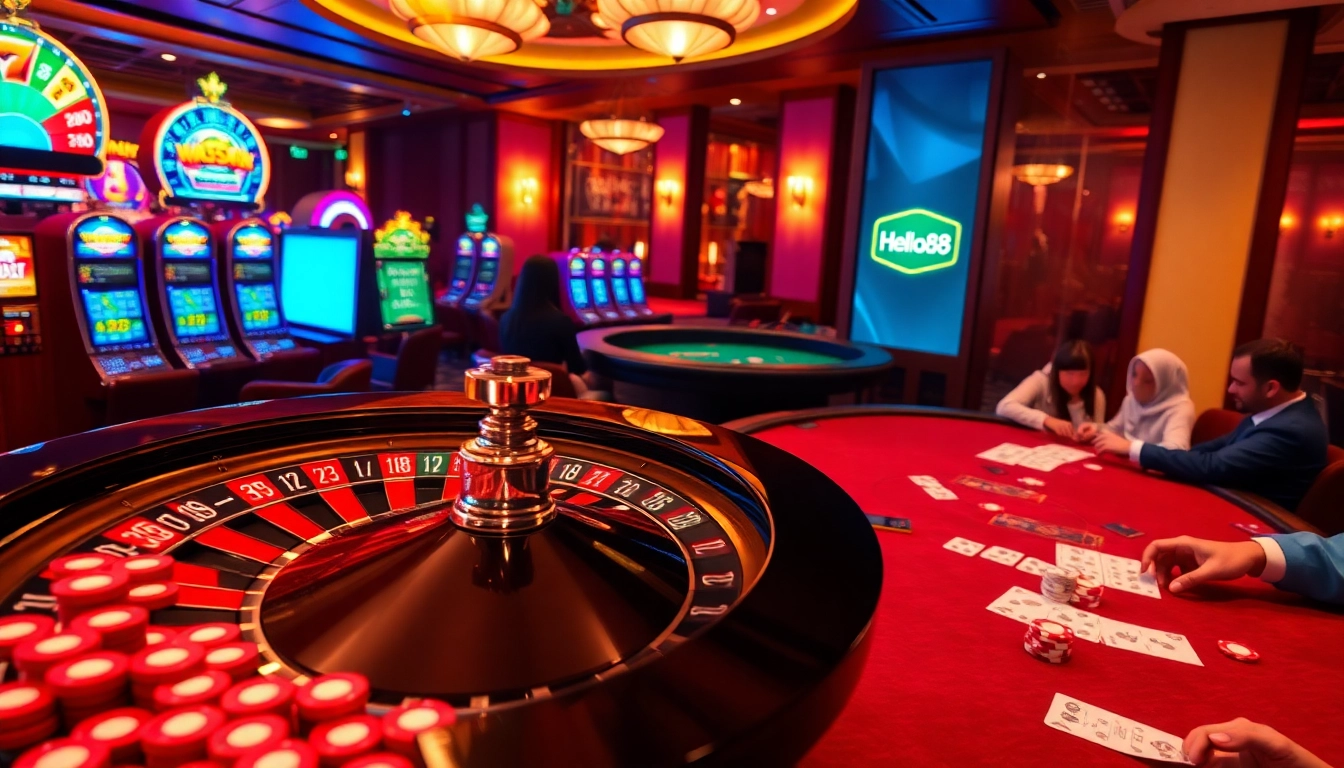 Hello88 poker players strategizing at a vibrant casino table with high-stakes action.