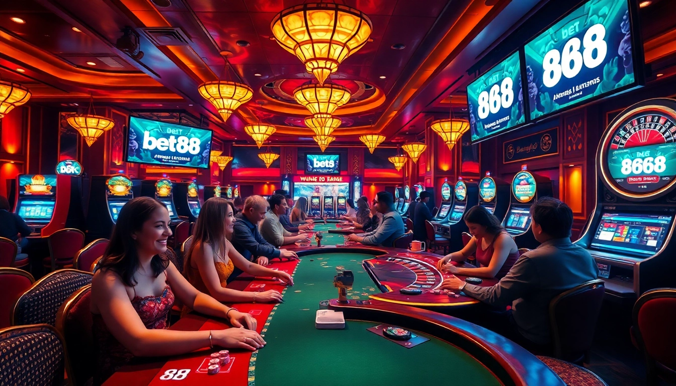 Experience the excitement of bet 88 as players engage with vibrant casino games amidst luxury.