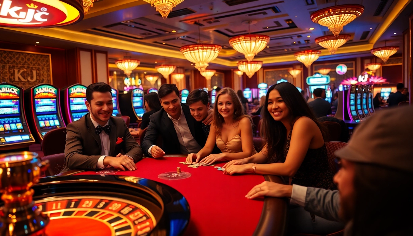 KJC players enjoying a vibrant casino scene with poker chips, roulette wheel, and slot machines.