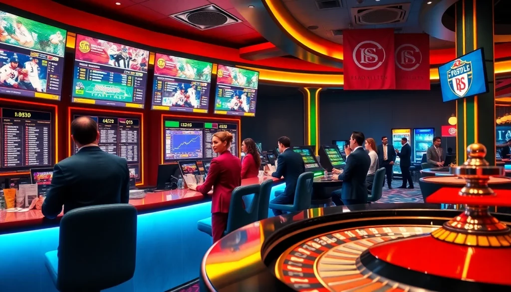 Kèo nhà cái displayed prominently in a luxurious casino sportsbook setting with bettors engaged in placing bets.