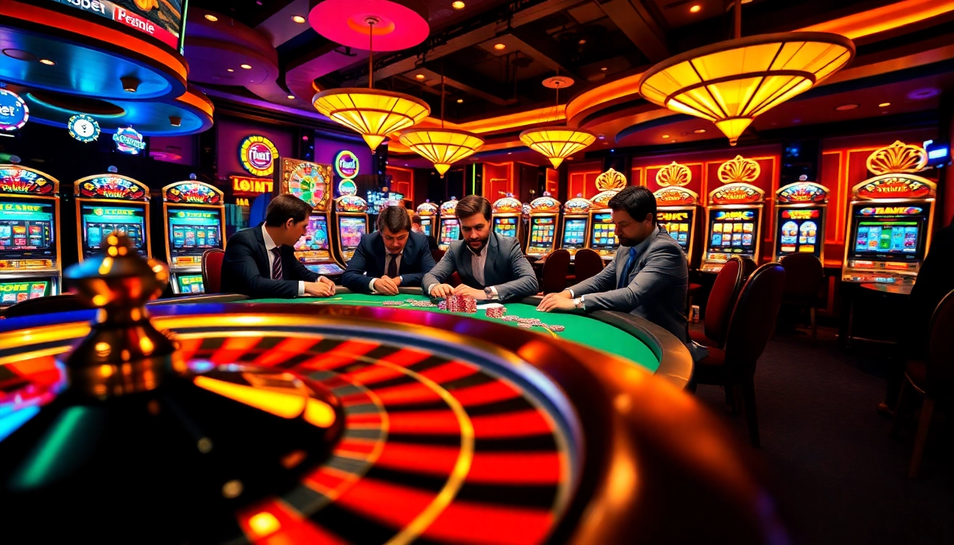 Players enjoying a high-stakes game of poker at i9bet casino, surrounded by vibrant slot machines.