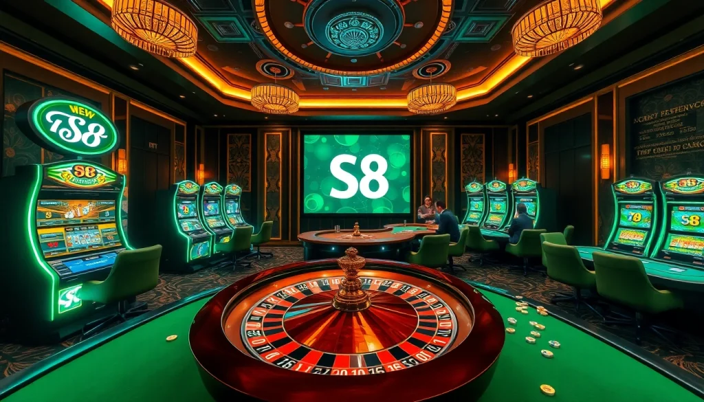 S8 online casino scene with players at a roulette table, showcasing vibrant gambling activities.