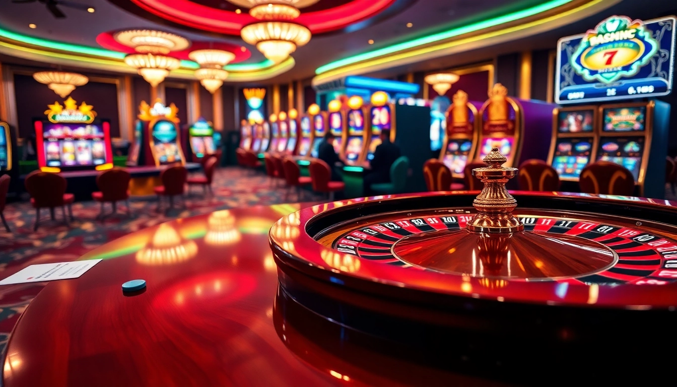 F168 offers a thrilling luxury casino experience with poker chips and roulette wheels in a vibrant setting.