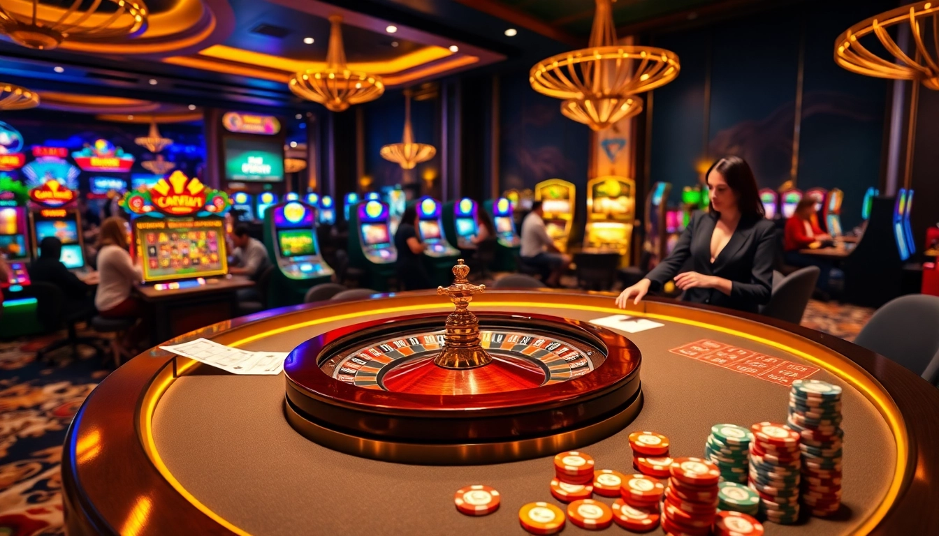 Engaging scene of casino excitement at https://vnew88.vip/, highlighting luxury betting with vibrant chips and tables.