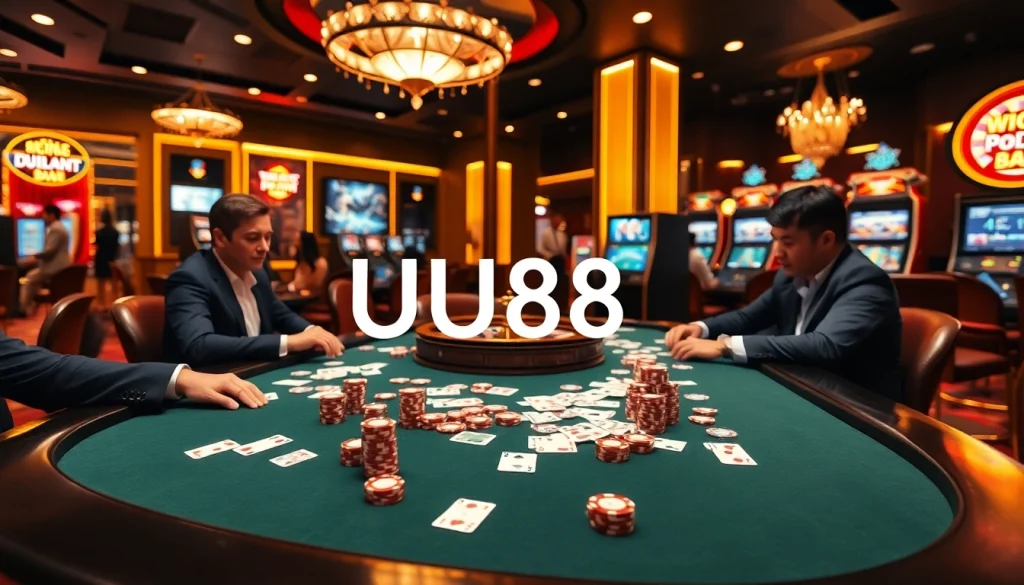 Experience the thrill of UU88 at a professional casino poker table with vibrant chips and cards.