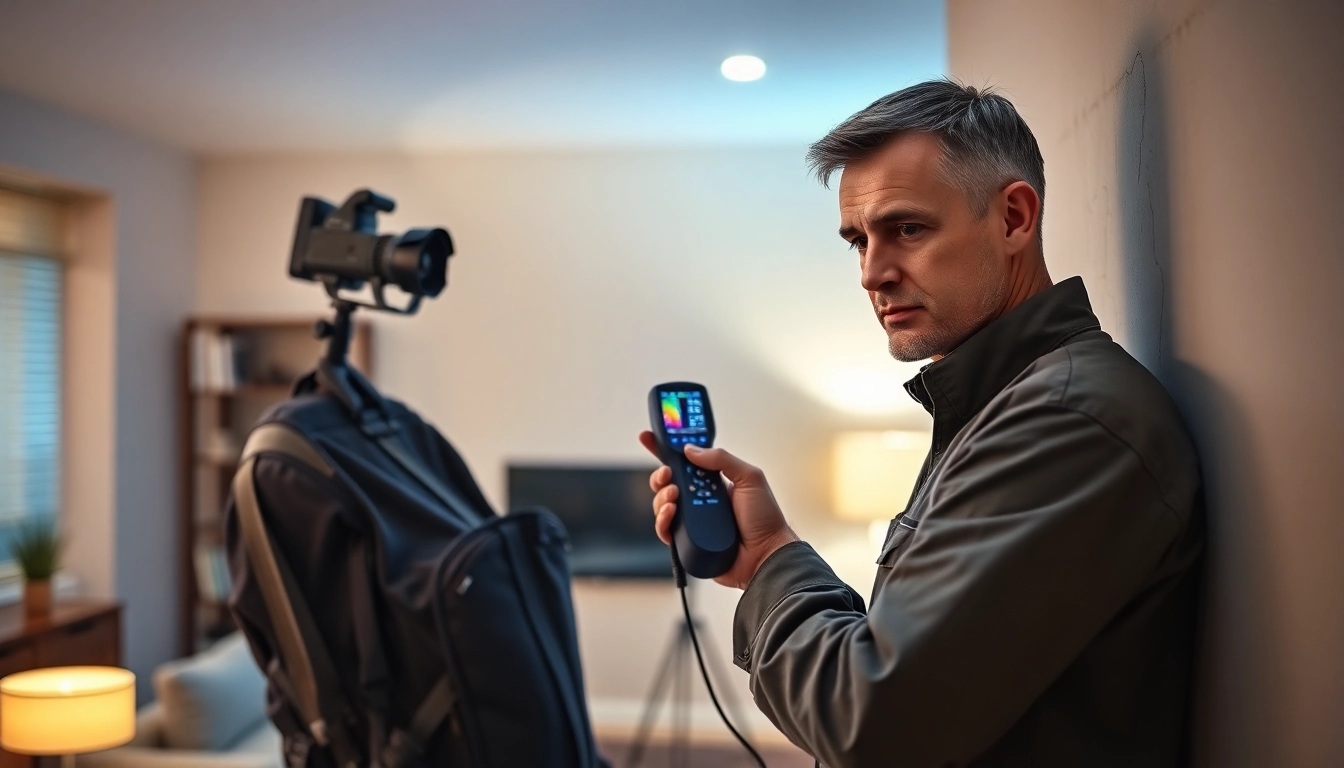 Water leak detection technician using thermal imaging tools in a home setting