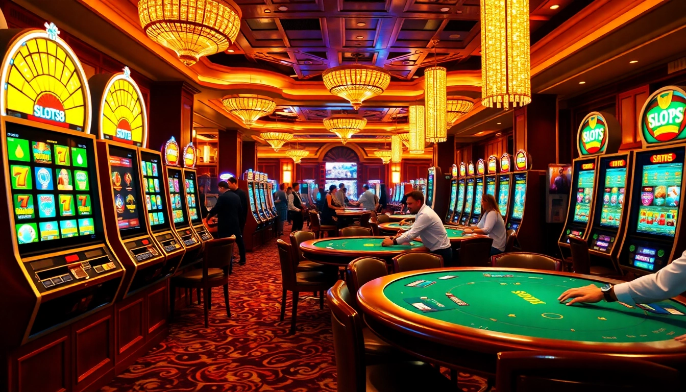 SLOTS8 gaming experience highlighting vibrant slot machines and festive casino atmosphere.