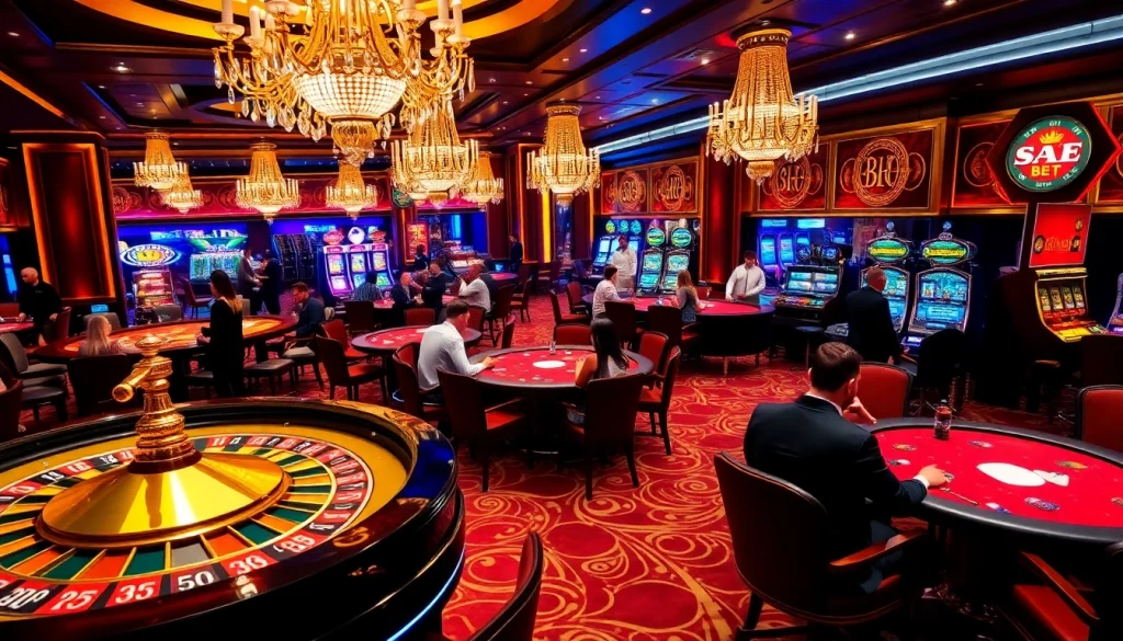 Gameplay excitement at SAO BET with roulette and poker tables filled.