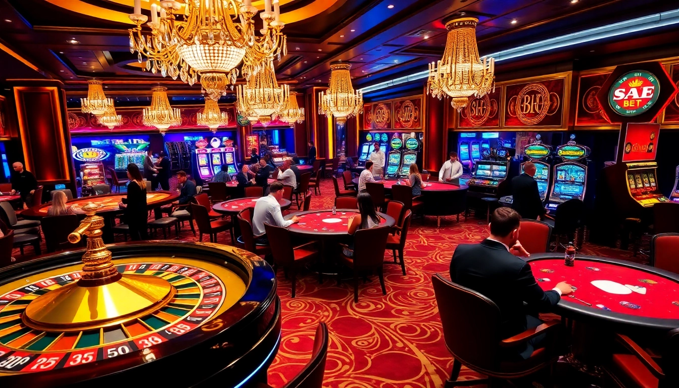 Gameplay excitement at SAO BET with roulette and poker tables filled.