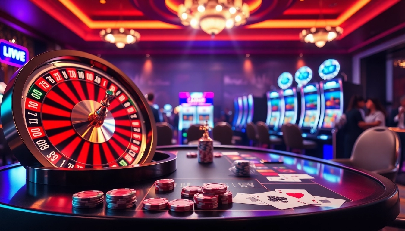 Experience thrilling betting action at https://fivee88.com/ with a vibrant casino scene highlighting poker chips and roulette.