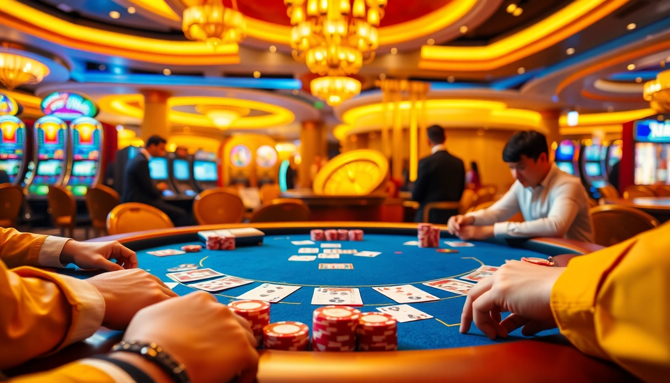 Engage in an exhilarating game of blackjack at vn88’s luxurious casino tables, with vibrant poker chips and cards.