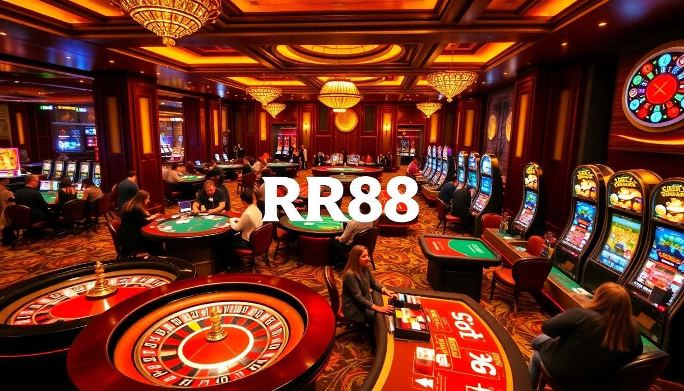 RR88 casino table filled with players enjoying poker and roulette, exuding excitement and luxury.