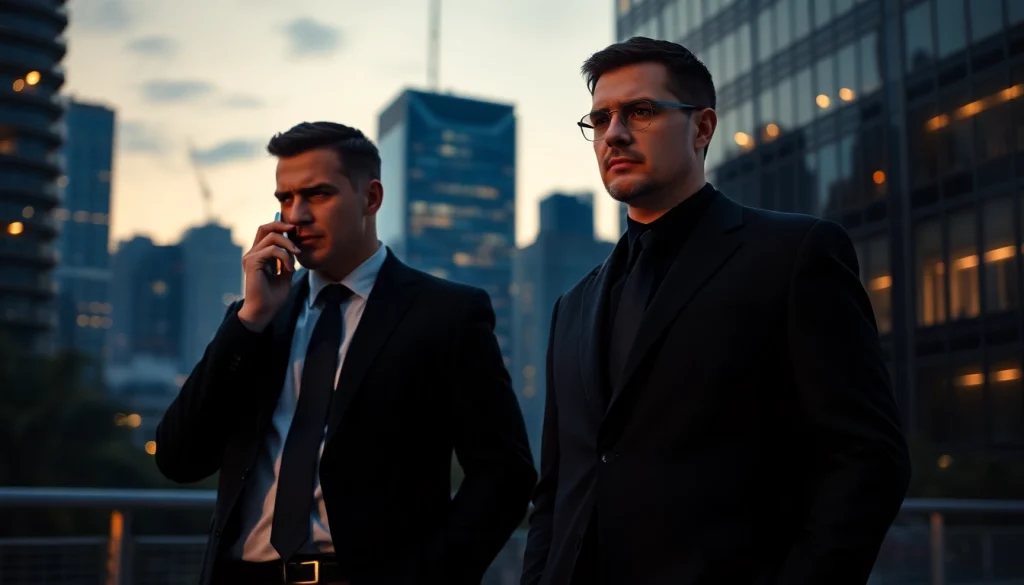 Private bodyguards standing vigilant in an urban setting, ensuring safety and security.