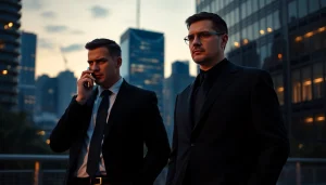 Private bodyguards standing vigilant in an urban setting, ensuring safety and security.
