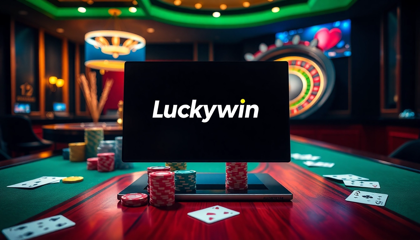 Experience the thrill of gambling with Luckywin at a luxury casino, featuring vibrant poker chips and cards.