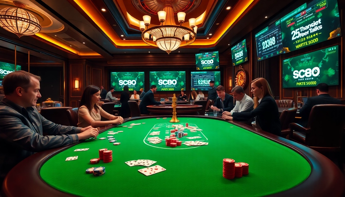 Exciting gaming scene at sc88 casino with poker chips, cards, and roulette wheel.