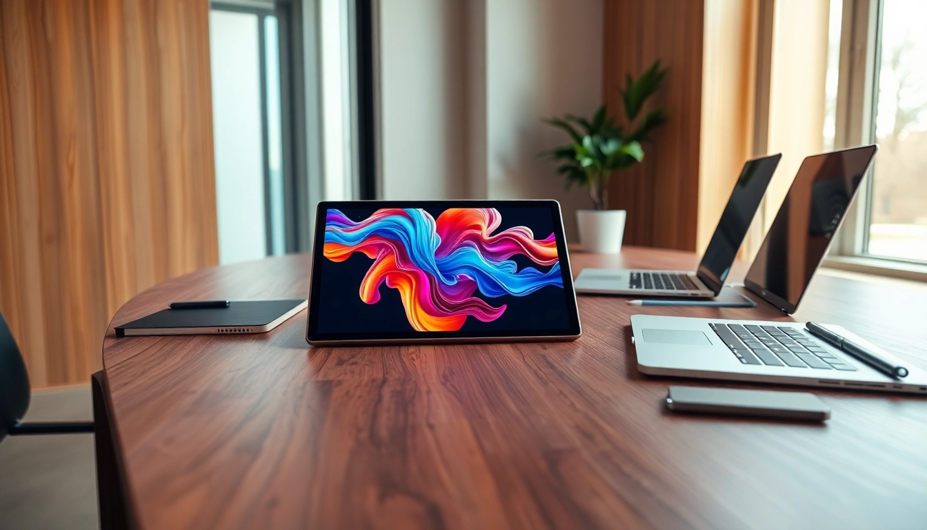 K88 tablet showcasing digital art in a modern tech workspace, highlighting innovation and creativity.