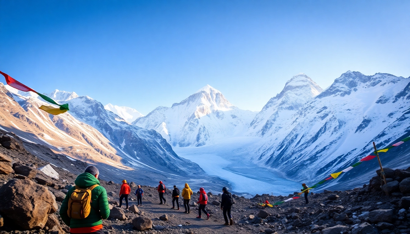 Trekkers approaching Everest base camp with stunning Himalayan peaks in the background.