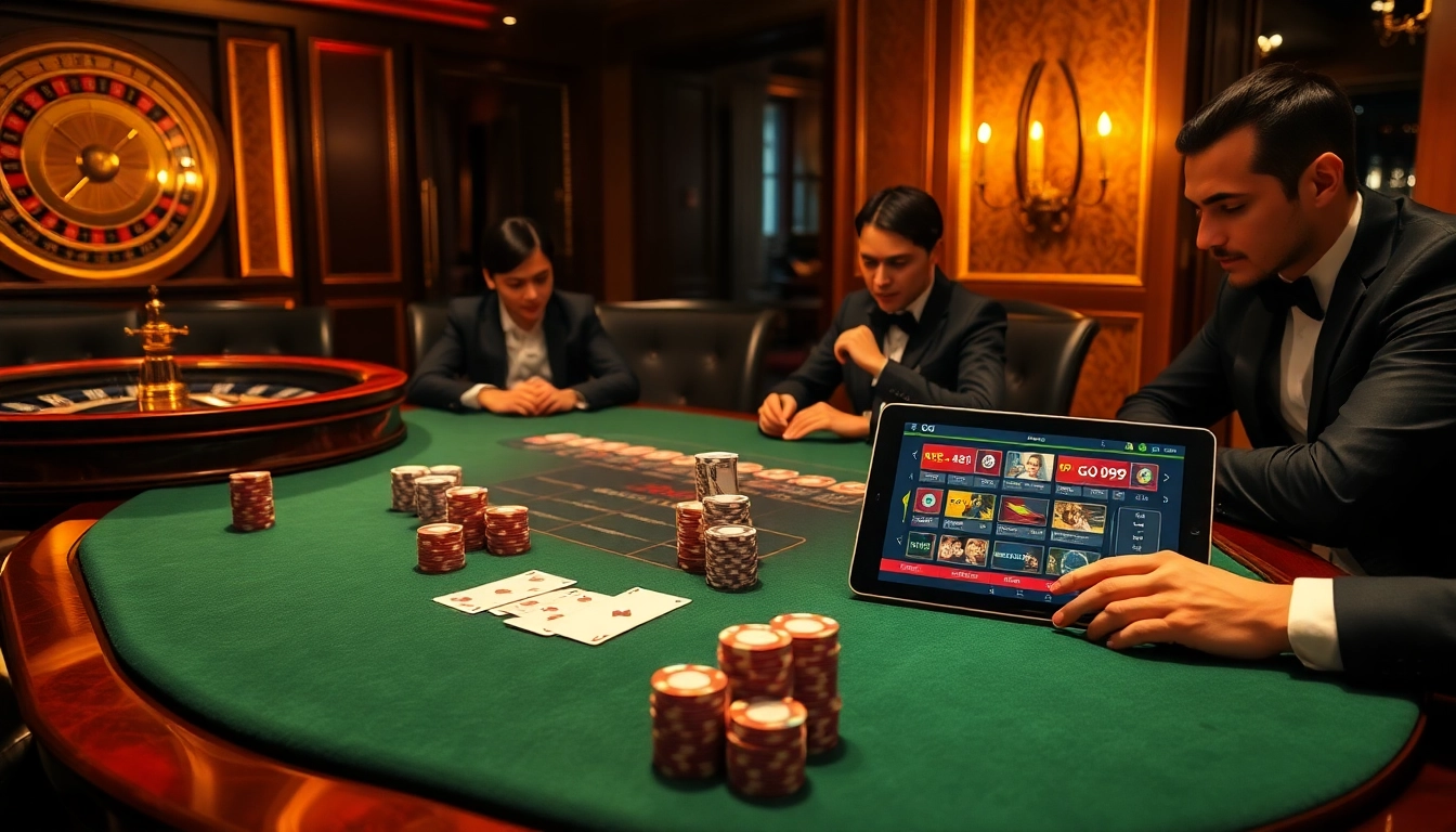 Intense poker game scene showcasing Go99 with vibrant chips and elegant players in an upscale casino.