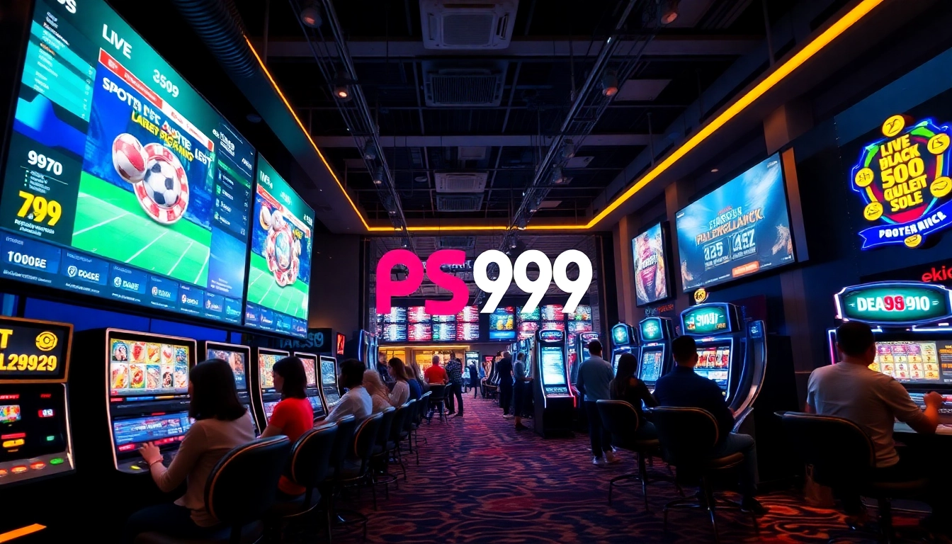 PS99 online gambling platform showcasing vibrant gaming with sports betting and slot machines.