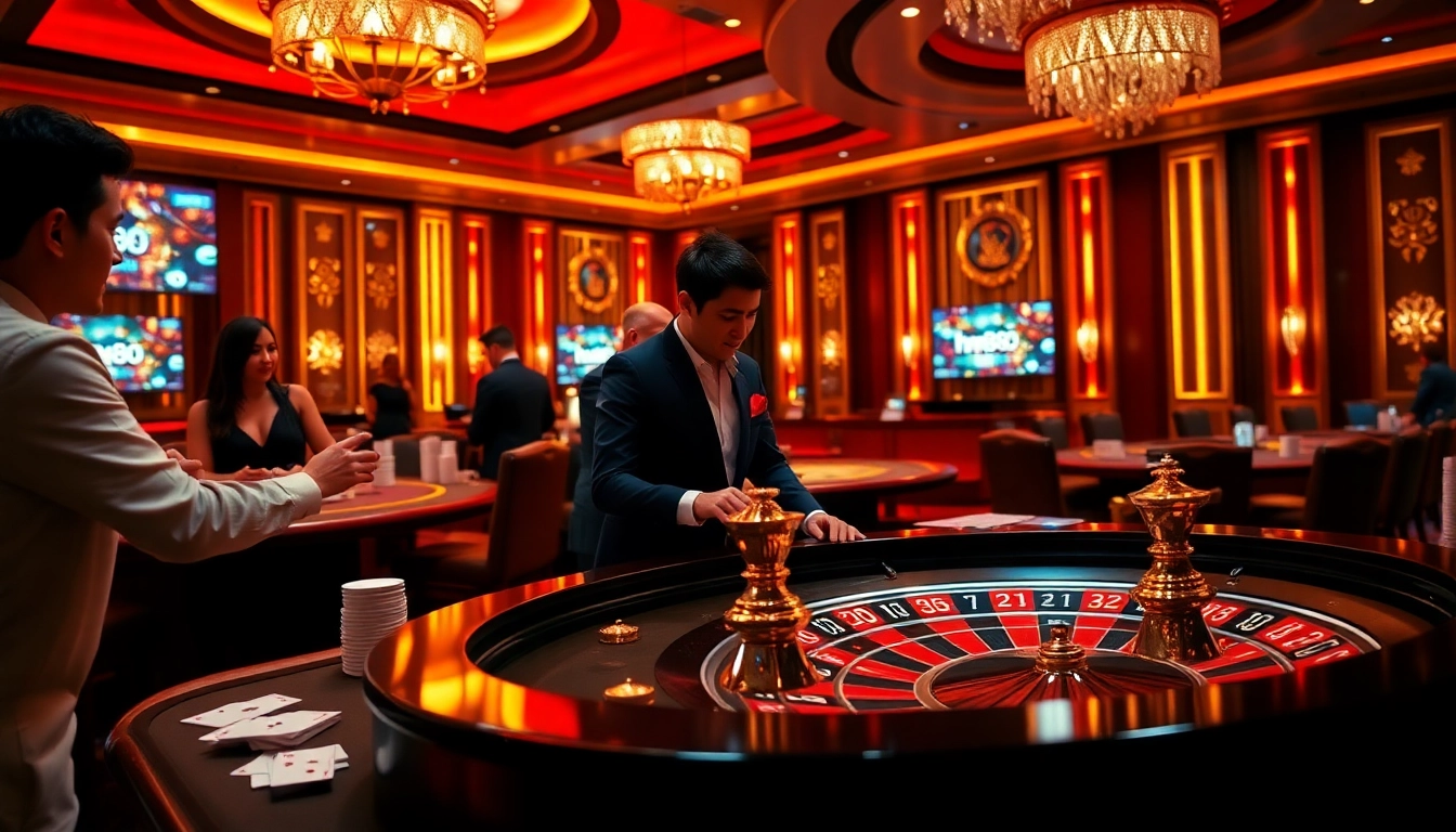 Experience thrilling gaming action at hm88 with vibrant poker chips and a roulette wheel.