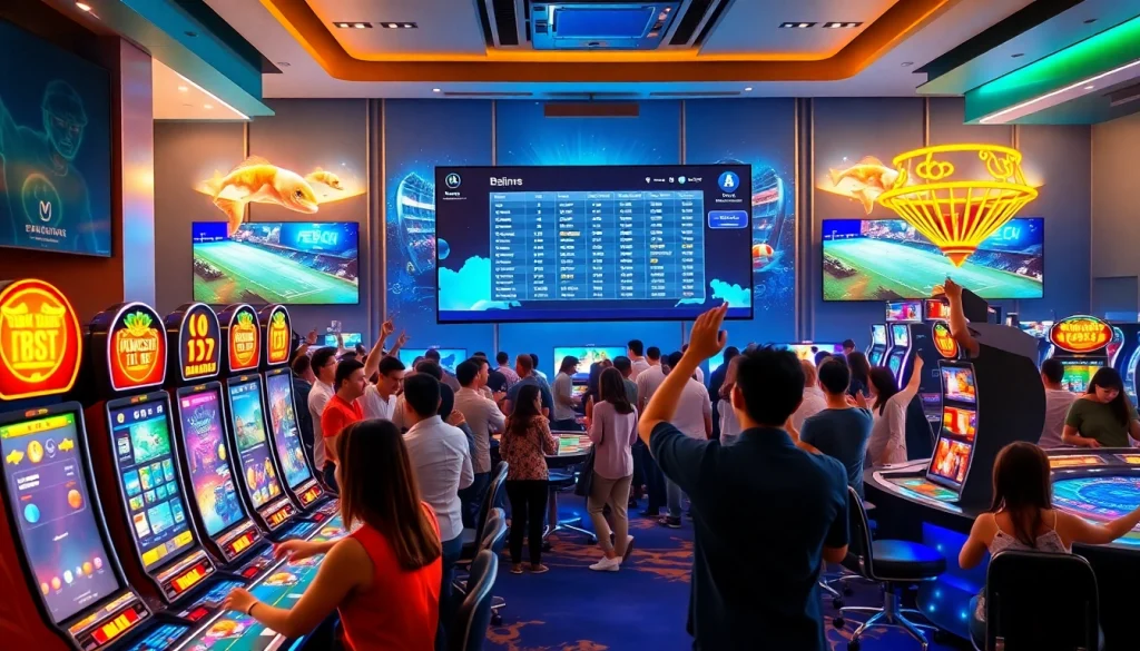 Engaging online gaming experience at 98winwin.live, featuring diverse players in a modern casino environment.
