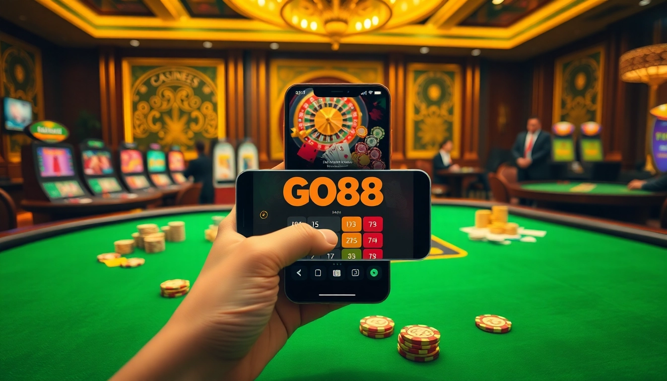 Tải GO88 mobile app displayed alongside poker chips and cards in a luxurious casino setting.