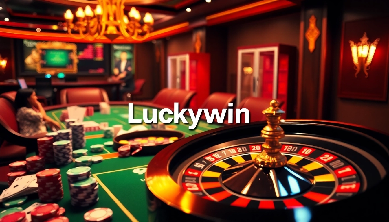 Experience the thrill of Luckywin at a vibrant casino gaming table with poker chips and cards.