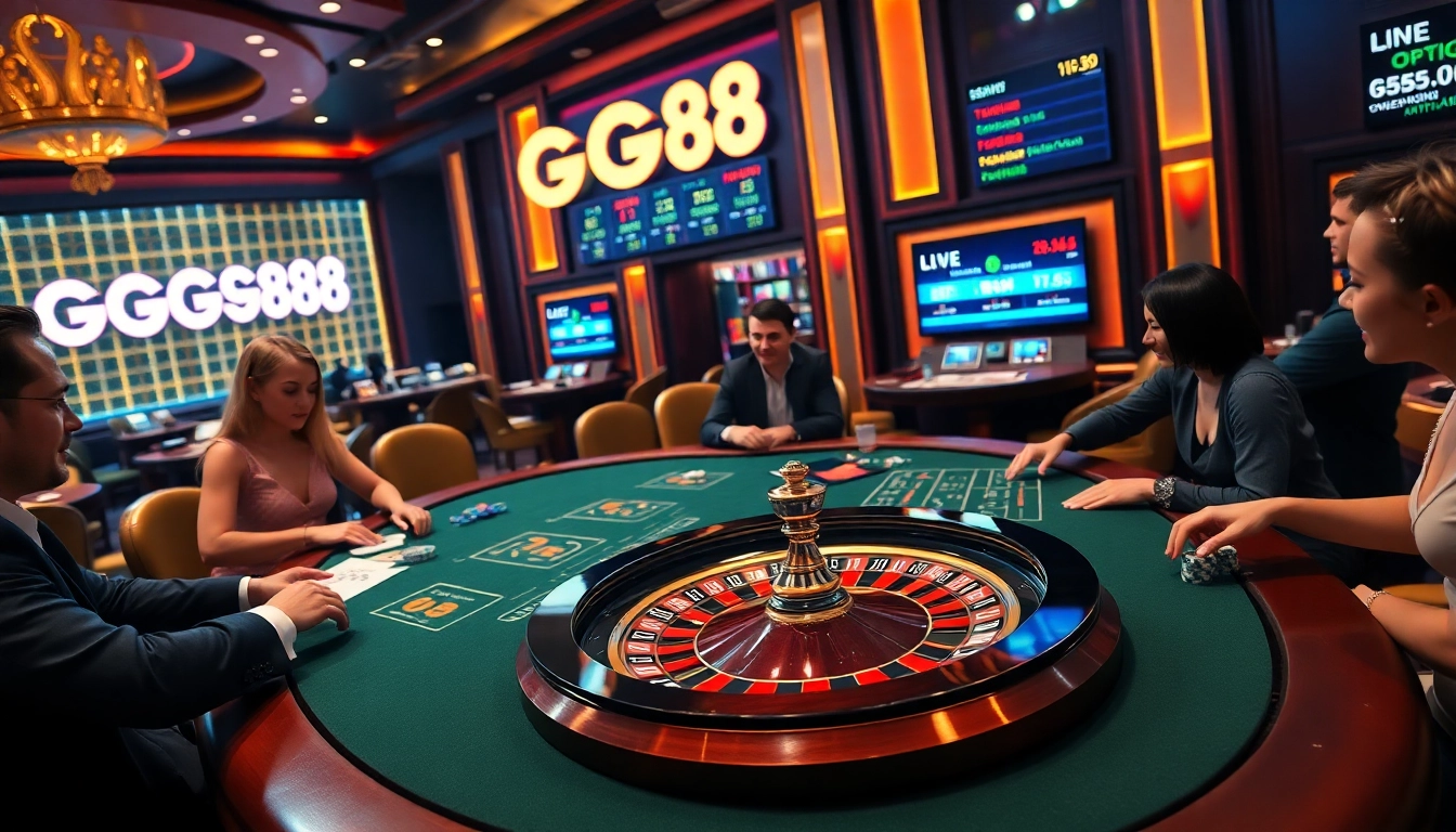 Players enjoying a thrilling game at the GG88 casino table with vibrant surroundings.