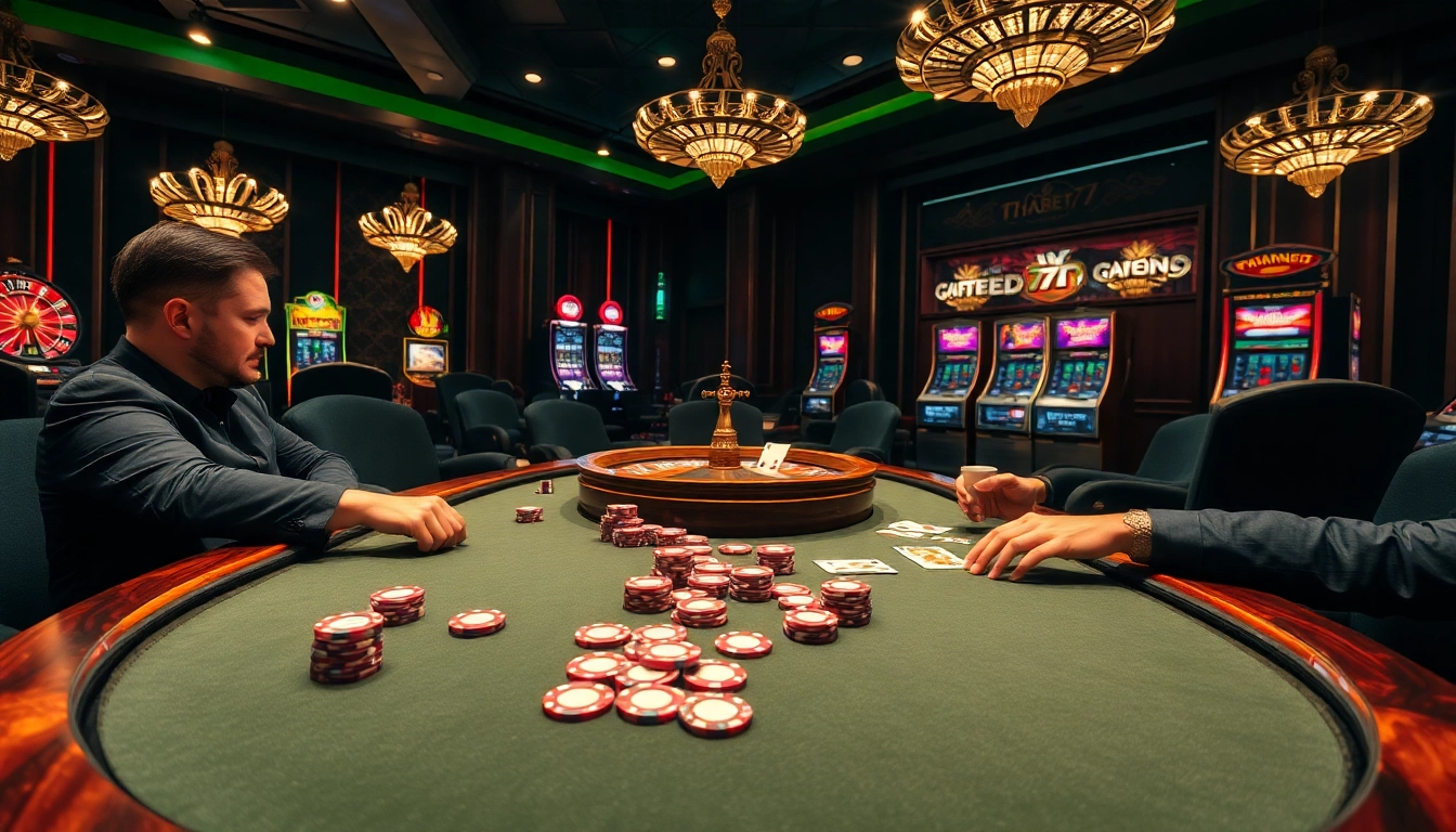 Experience thrilling poker action at thabet77's vibrant casino scene, showcasing high-stakes excitement.