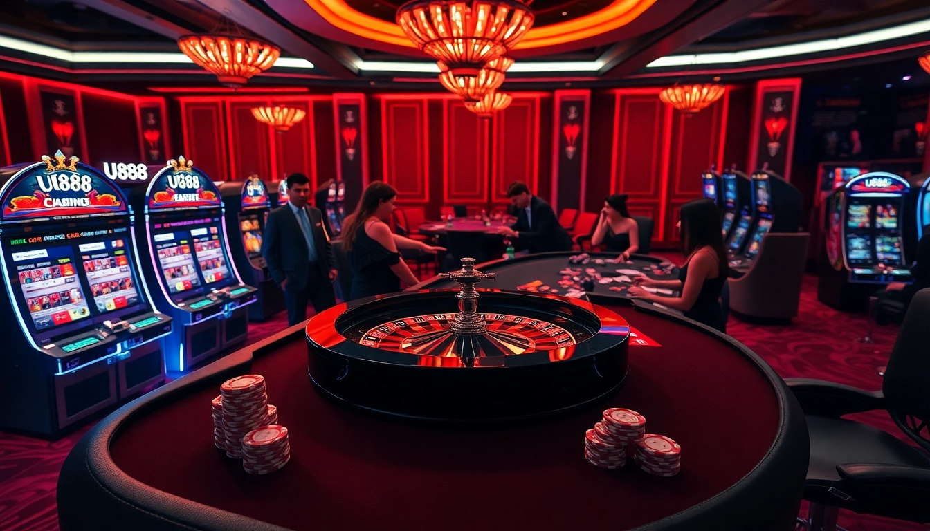 Players engaging with the exciting atmosphere at https://u8888.bio/, featuring roulette and slot machines.