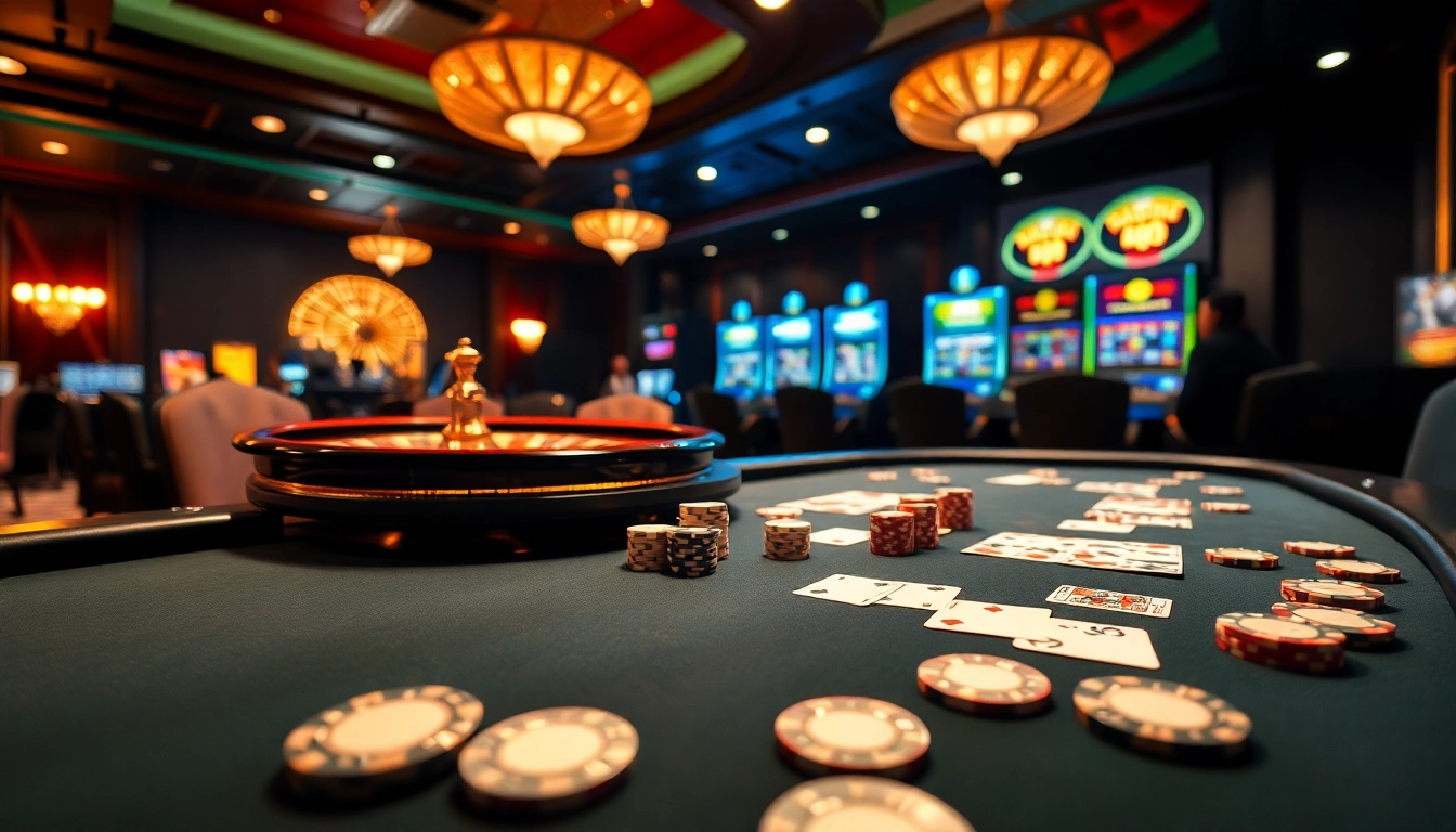 Exciting gaming scene at 28bet casino with poker action, roulette, and vibrant slot machines.