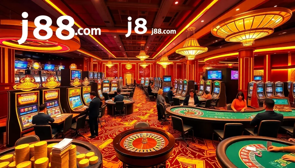 Gamblers enjoying a vibrant casino scene at j88.com with poker chips and slot machines.