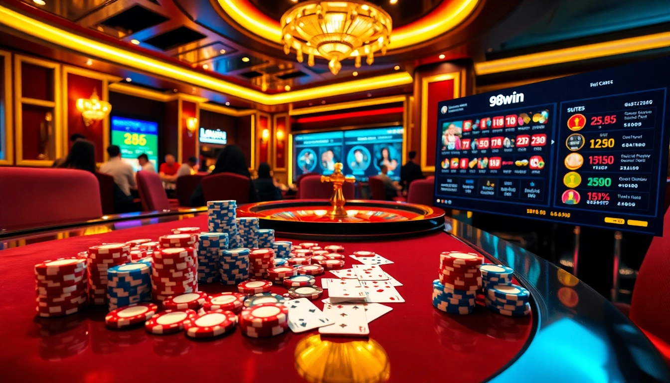 Play thrilling games on 98win com with colorful chips and exciting casino atmosphere.